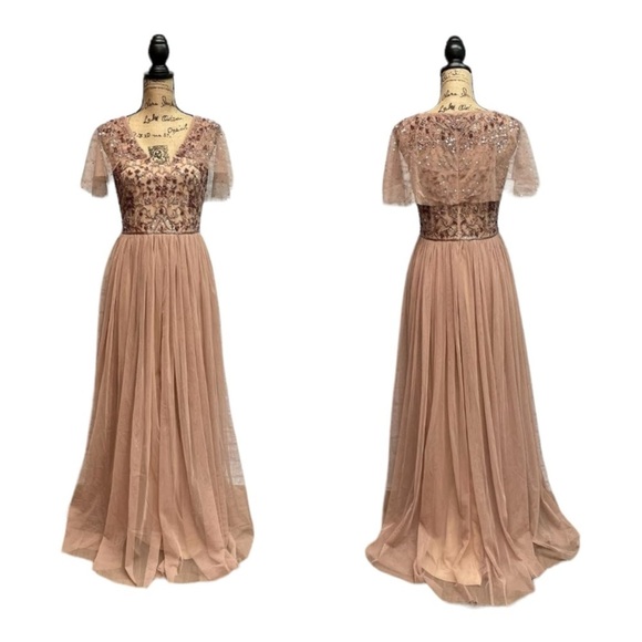 ADRIANNA PAPELL Rose Gold Beaded Embroidered Tulle Maxi Gown Dress 10 - Picture 9 of 15